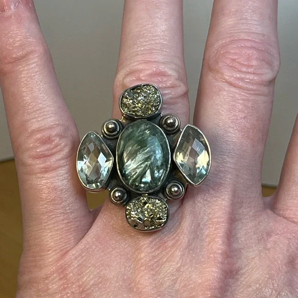 Vintage Arya 925 Sterling Silver Prasiolite Seraphinite and Pyrite Ring Size 7.5 - Picture 5 of 5